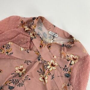 NEW Kate Kasin Floral Tie Neck Blouse Womens 2XL Pink Swiss Dot Sheer Boho Chic
